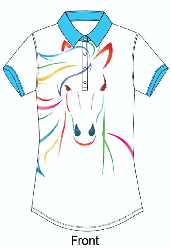 Light up the barn with your style, hit the trail with your bold colors, and be the envy of your equestrian friends at lunch or dinner. “Where did you get that amazing shirt?” The Happy Horse designer polo line lets’ you shine wherever you choose to play!